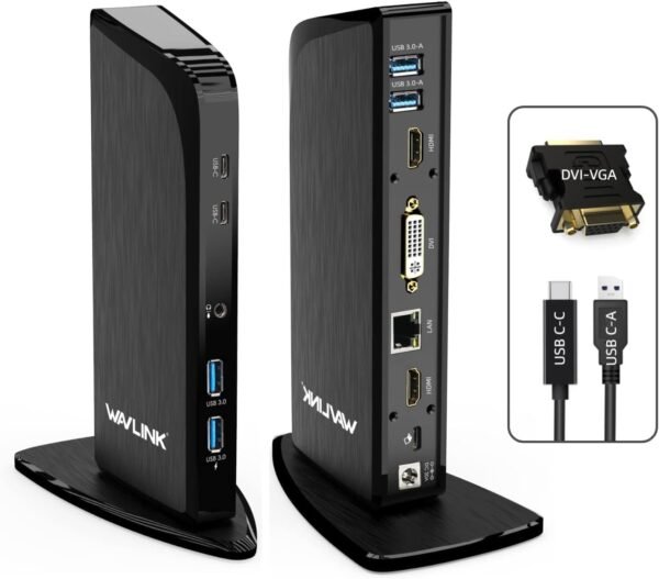 WAVLINK Station d'accueil 3 Monitors, USB C/USB 3.0 Universal Docking Station Displaylink, avec 4K HDMI, 2K HDMI, DVI, 100W PD, Gigabit Ethernet, USB 3.0, USB C Audio/Mic pour Mac Windows.