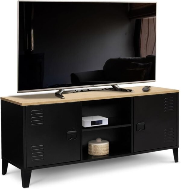 IDMarket - Meuble TV 113 cm Ester 2 Portes métal Noir et Plateau Bois Design Industriel