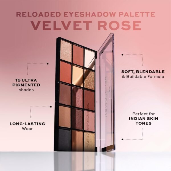 Makeup Revolution, Palette d'ombres à paupières Reloaded, Valvet Rose, 15 nuances, 16.5g Crème – Image 2