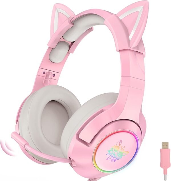 Casque De Jeu Rose, Casque De Jeu avec Oreille De Chat, Casque De Jeu à Son Surround 7.1 avec Réduction De Bruit Réglable, Lumière LED, Microphone Rétractable Et Oreille De Chat Détachable