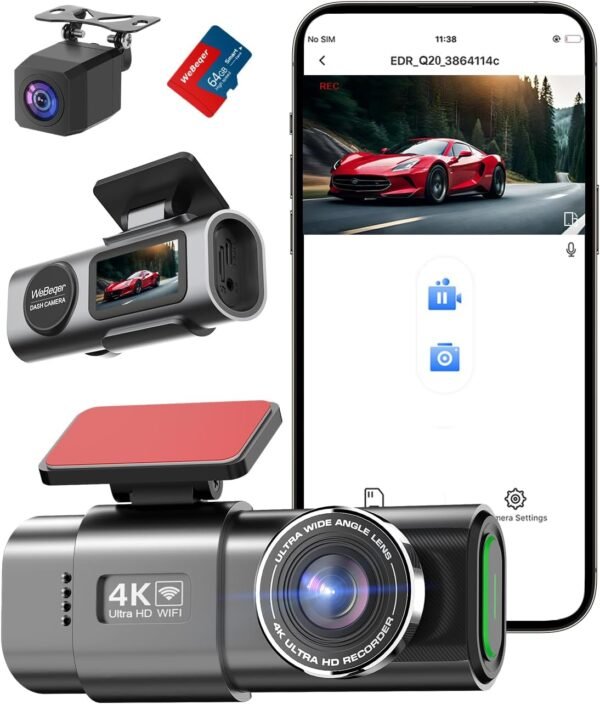 Caméra Embarquée WiFi Avant Arrière 4K+1080P,Dashcam avec Carte SD 64 G, Contrôle par Application,Vision Nocturne, Capteur G, Enregistrement en Boucle, WDR
