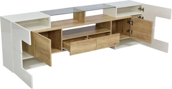 Sweiko Meuble TV bas avec éclairage LED, commode avec beaucoup d'espace de rangement, forme unique avec surfaces en verre, design moderne (blanc brillant et couleur bois) – Image 5