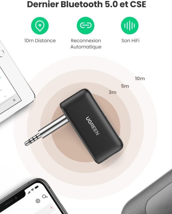 UGREEN Récepteur Bluetooth 5.0 Voiture Adaptateur Bluetooth Aux 3.5mm Jack Kit Mains Libres Réduction du Bruit avec Mic Intégré pour Streaming Maison Kit Auto Haut Parleur Chaine HiFi Stéréo – Image 2