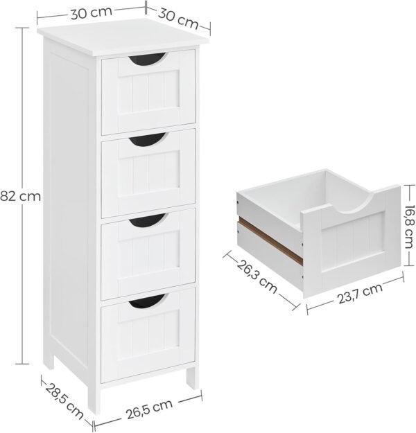 VASAGLE Meuble de Salle de Bain, Meuble de Rangement, Armoire sur Pied, avec 4 Tiroirs, 30 x 30 x 82 cm, pour Salle de Bain, Salon, Salle à Manger, Cuisine, Style Moderne, Blanc LHC40W – Image 3