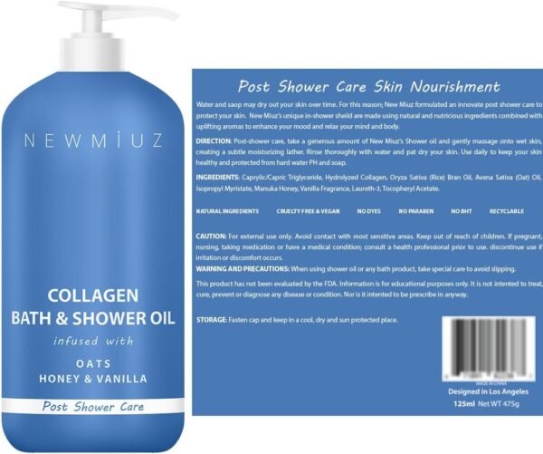 Huile de Douche au Collagène - Soin Naturel Après la Douche Pour la Peau Sèche Nettoyage & Adoucissement Lotion Hydratante Corps & Jambes Non Grasse Avoine Miel Vanille Spa Cadeau de Soins Personnels – Image 8