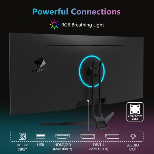Z-Edge Ecran PC Gamer 34'', UWQHD(3440x1440), 165 Hz, IPS Panel, 1ms, Moniteur Ultrawide 21:9, FreeSync, 300cd/m², 2* DP1.4 & HDMI2.0, RGB, Inclinaison Réglable, VESA 75 * 75mm (DP Câble Inclus) – Image 6