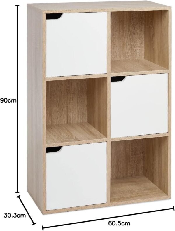 Mondeer Étagère de Rangement, Bibliothèque avec 6 Cubes Moderne en Bois Inclus 3 Portes et 3 Ouvertes, pour Salon ou Bureau, 60 D x 30 W x 90 H cm, Blanc et Chêne – Image 9