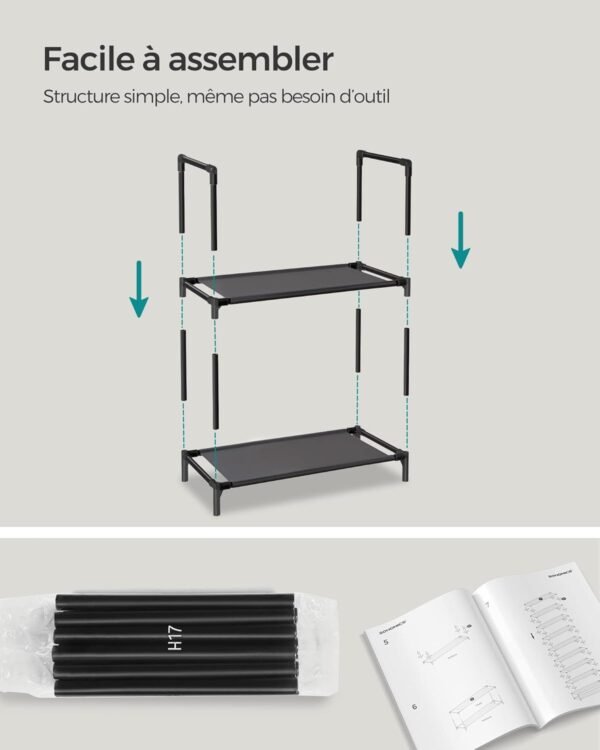 SONGMICS Étagère à Chaussures, 10 Niveaux, Rangement de Chaussures, étroit, 28 x 45 x 173 cm, Structure en métal, étagères en Tissu Non tissé, pour Couloir, Chambre à Coucher, Noir LSH010B02 – Image 6