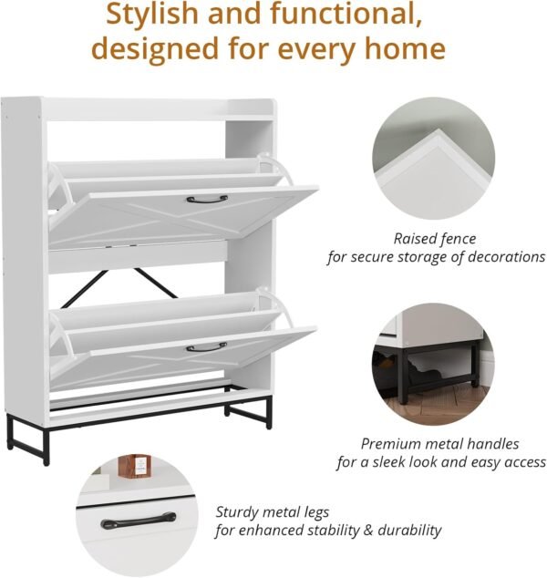 VOWNER Rangement Chaussure, Meuble à Rangement Chaussure Et Peu Encombrant avec Cloisons Réglables pour 12 À 16 Paires De Chaussures, Adapté À L’Entrée, Au Salon, À La Chambre, Blanc – Image 3
