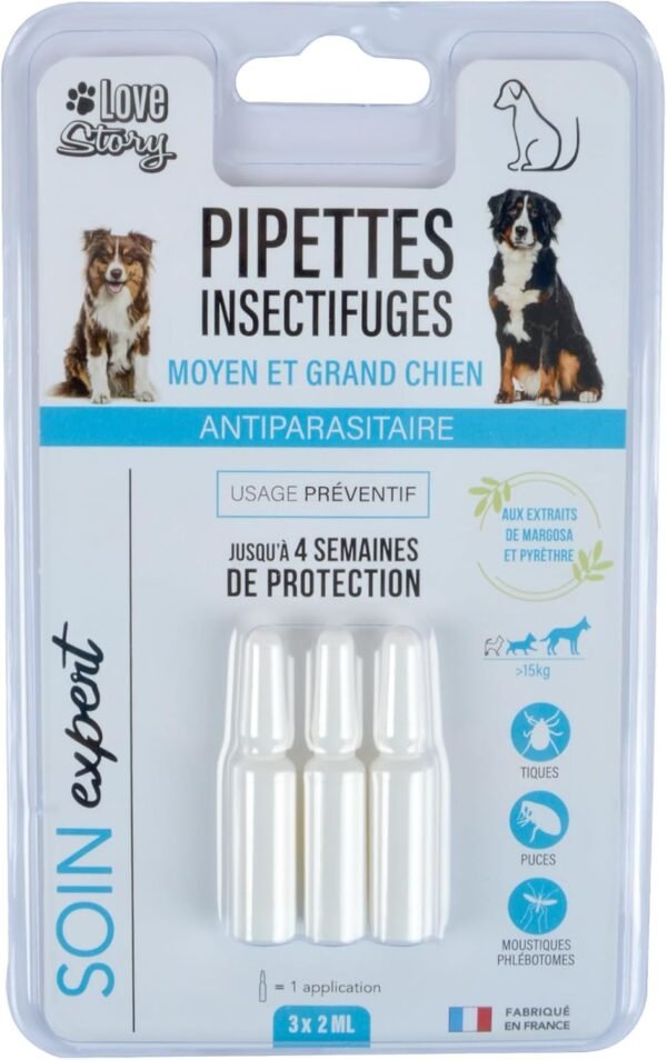 Love Story, Set de 3 Pipettes Insectifuges Préventif Moyen et Grand Chien Soin Expert 2Ml