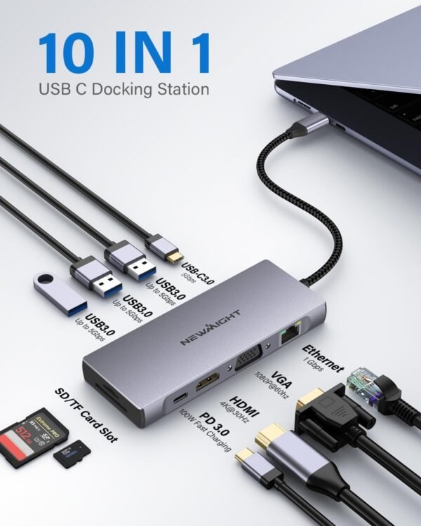 Station d'accueil USB C, adaptateur multiport Newmight 10 en 1 avec 4K @ 30 Hz, Ethernet 1 Gbit/s, VGA, 3 USB 3.0, USB-C 3.0, port de charge PD 100 W, SD/TF pour Dell, HP, MacBook Pro Air, iPhone – Image 2