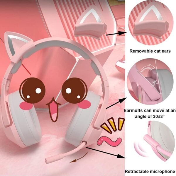 Casque De Jeu Rose, Casque De Jeu avec Oreille De Chat, Casque De Jeu à Son Surround 7.1 avec Réduction De Bruit Réglable, Lumière LED, Microphone Rétractable Et Oreille De Chat Détachable – Image 2