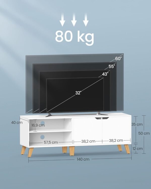 VASAGLE Meuble TV 2 Portes, Support Télé avec Étagères Réglables, Longueur 140 cm, pour Télévisions 60 Pouces, Salon, Salle à Manger, Chambre, Blanc Neige LTV027T46 – Image 5