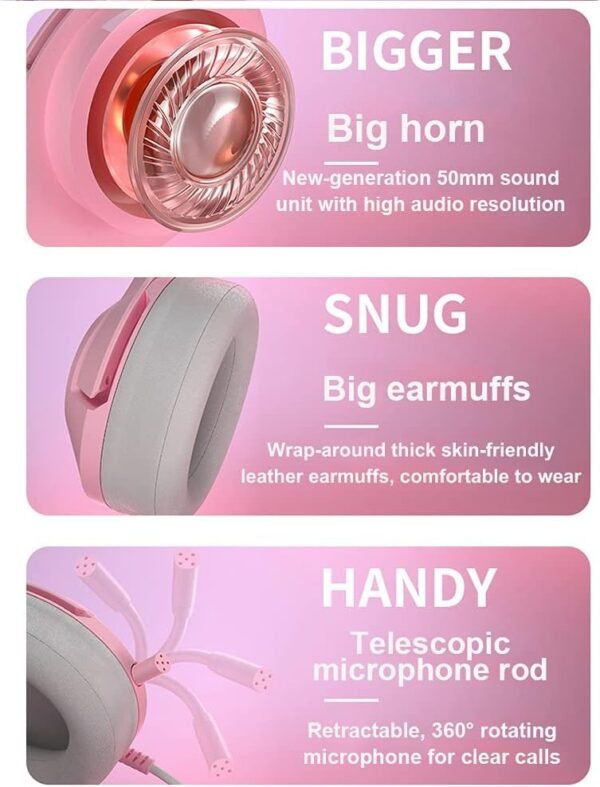 Casque De Jeu Rose, Casque De Jeu avec Oreille De Chat, Casque De Jeu à Son Surround 7.1 avec Réduction De Bruit Réglable, Lumière LED, Microphone Rétractable Et Oreille De Chat Détachable – Image 5