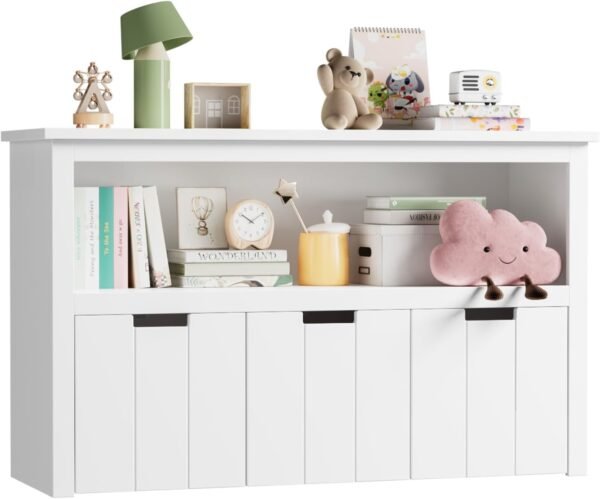 FOREHILL Meuble Rangement Jouet Bibliothèque pour Enfants Étagère Armoire de Rangement avec 3 Tiroirs Roulants Blanc 102x33x61.5cm – Image 9