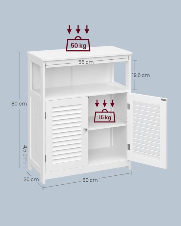 VASAGLE Meuble de Salle de Bain, Meuble de Rangement, Commode, Placard, Armoire, avec Étagères Réglables, Étagère de Rangement avec 2 Portes, 30 x 60 x 80 cm, Blanc BBC40WT – Image 3