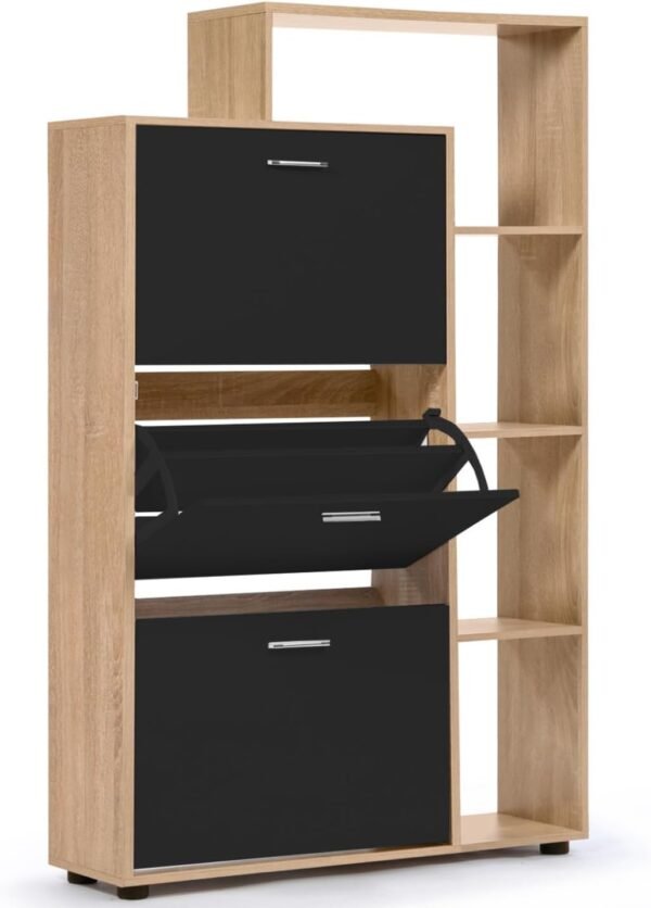 IDMarket - Meuble à chaussures 18 paires KLARK imitation hêtre 3 portes noires avec étagère