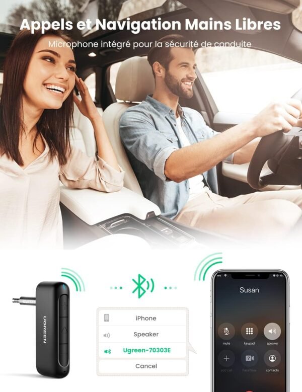 UGREEN Récepteur Bluetooth 5.0 Voiture Adaptateur Bluetooth Aux 3.5mm Jack Kit Mains Libres Réduction du Bruit avec Mic Intégré pour Streaming Maison Kit Auto Haut Parleur Chaine HiFi Stéréo – Image 3