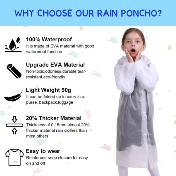 Vicloon Poncho de Pluie Imperméable pour Enfant, Réutilisable EVA Imperméable Enfant Capuchon Vêtements de Pluie, Pour voyage, randonnée, Va à L'école, Equitation, Taille Unique – Image 4
