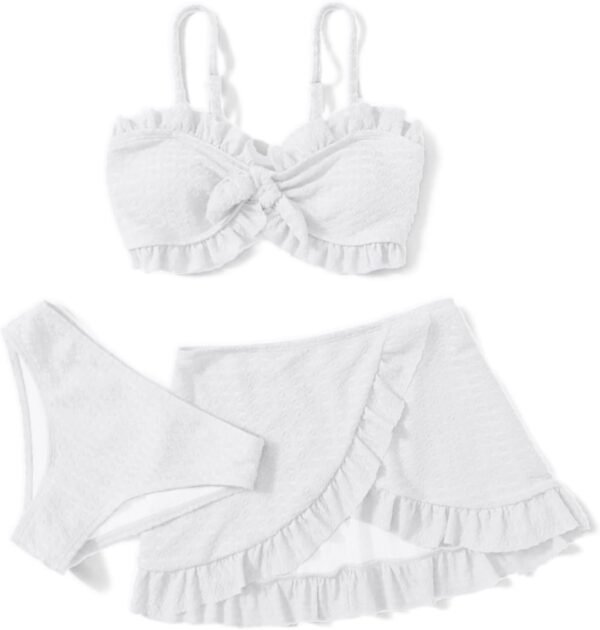 Maillot de Bain 3 pièces pour Fille avec Jupe torsadée sur Le Devant, Haut de Bikini, Slip de Bain de Couleur Unie et Jupe Cache-Maillot de Bain pour la Plage et la Piscine, Bikinis pour 5 à 14 Ans