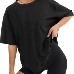 ATHMILE T-shirt surdimensionné pour femme, coupe ample, col rond, manches courtes, chemisier d'été décontracté, t-shirt basique Y2K 2023, Vêtements, noir, Taille M