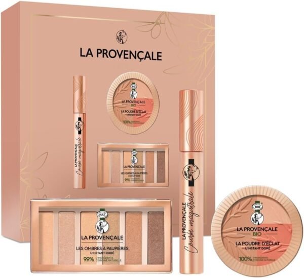 La Provencale - Coffret Cadeau Maquillage L'Instant Doré - 3 Produits - La Poudre Éclat, La Palette Instant Doré et Le Mascara Courbe Magistrale - Enrichis en Huile d'Olive BIO et Pigments Minéraux