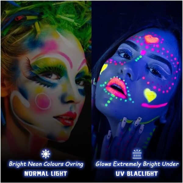 AOOWU Peinture Visage Corps Kit 19PCS, Peinture Corporelle, 8 * 10 ml UV Glow tubes de peinture fluorescente pour le visage et le corps, Halloween Noël Maquillage Fluo – Image 4