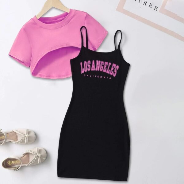 Ensemble de Sport pour Fille - Vêtements Mode Enfant Filles Ensembles Pantalon et Haut été Enfants T-Shirt et Short Set décontracté Lettre imprimée Plaine Top Bottoms Cadeau Fille 7-16 Ans – Image 3