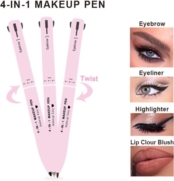 iLamvie Stylo De Maquillage 4-En-1: Eye-Liner, Crayon À Sourcils, À Lèvres, Surligneur - Tout-En-Un Étanche Pour Les Yeux, 4 Couleurs Longue Durée (Pink) – Image 4
