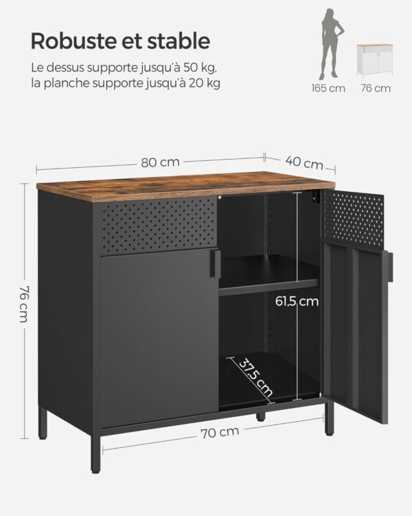 SONGMICS Meuble de Rangement, Buffet, en Métal, Double Porte, Fermeture Magnétique, Cadre en Acier, 40 x 80 x 76 cm, Marron Rustique et Noir LSC102B01 – Image 3