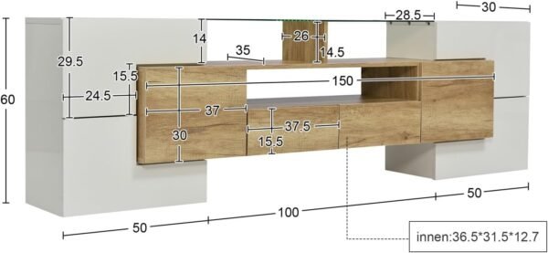 Sweiko Meuble TV bas avec éclairage LED, commode avec beaucoup d'espace de rangement, forme unique avec surfaces en verre, design moderne (blanc brillant et couleur bois) – Image 4