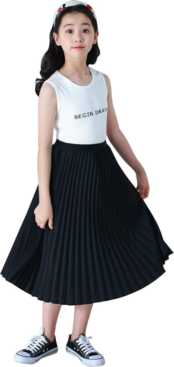 Happy Cherry - Jupe longue plissée taille haute élastique pour fille - Jupe trapèze d'été décontractée - Couleur unie - Classique - Avec doublure - Pour enfants de 4 à 16 ans – Image 5