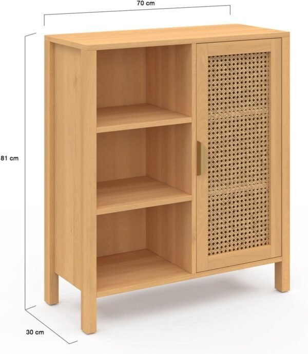 IDMarket - Buffet d'appoint 3 étagères et Placard 70 cm EDHEN Bois et cannage – Image 3