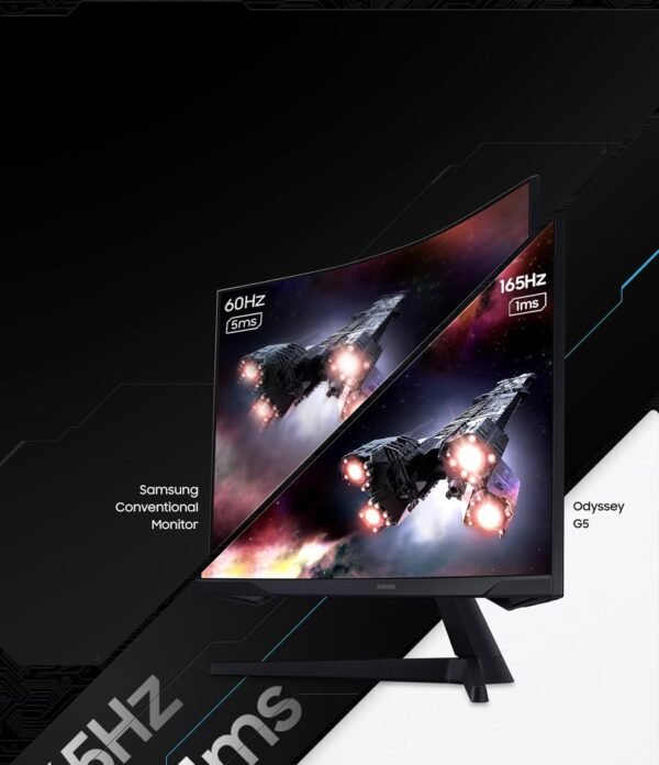 Samsung Ecran PC Odyssey G55C 27’’, 165Hz , 1ms, Dalle VA Incurvée 1000R, QHD : 2560x1440, 2500:1,HDR10, AMD FreeSync, Auto Source Switch +, Pied Ajustable, DisplayPort, HDMI – Image 7