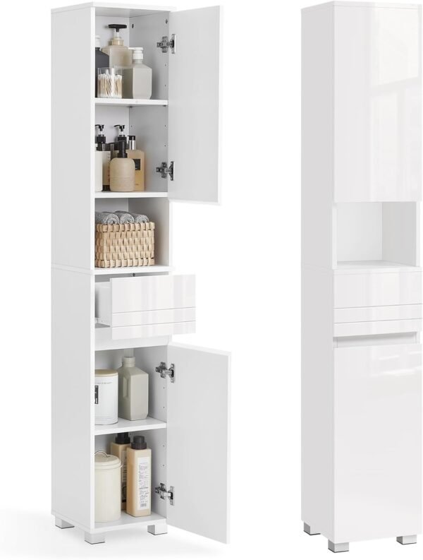 VASAGLE Armoire de Salle de Bain, Meuble de Rangement, Colonne, avec Tiroir, Étagères Réglables, Compartiments, 30 x 30 x 170 cm, Blanc BBC560P31