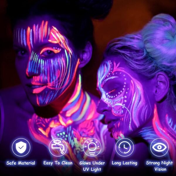 AOOWU Peinture Visage Corps Kit 19PCS, Peinture Corporelle, 8 * 10 ml UV Glow tubes de peinture fluorescente pour le visage et le corps, Halloween Noël Maquillage Fluo – Image 2