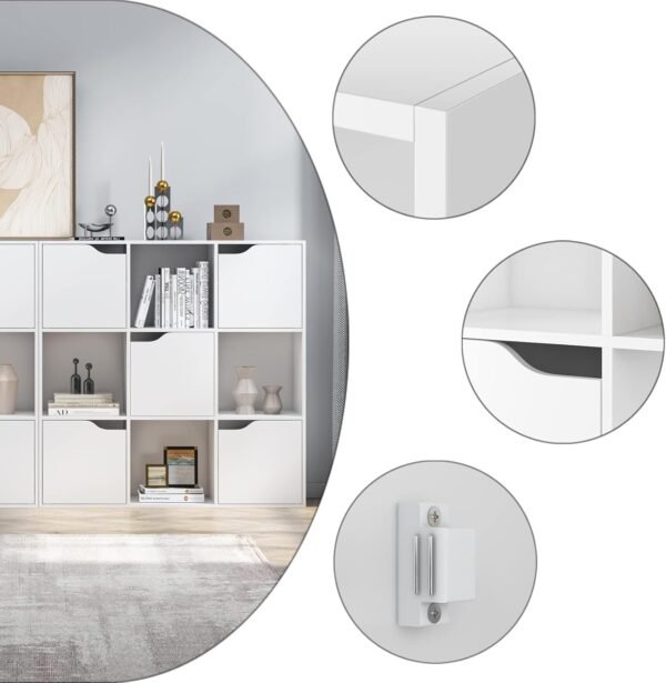 FirFurd Bibliothèque Blanc avec 9 Compartiments Étagère avec 5 Portes Meuble de Rangement en Bois Bibliotheque 3 Niveaux pour Salon Chambre 90x29x90cm – Image 6