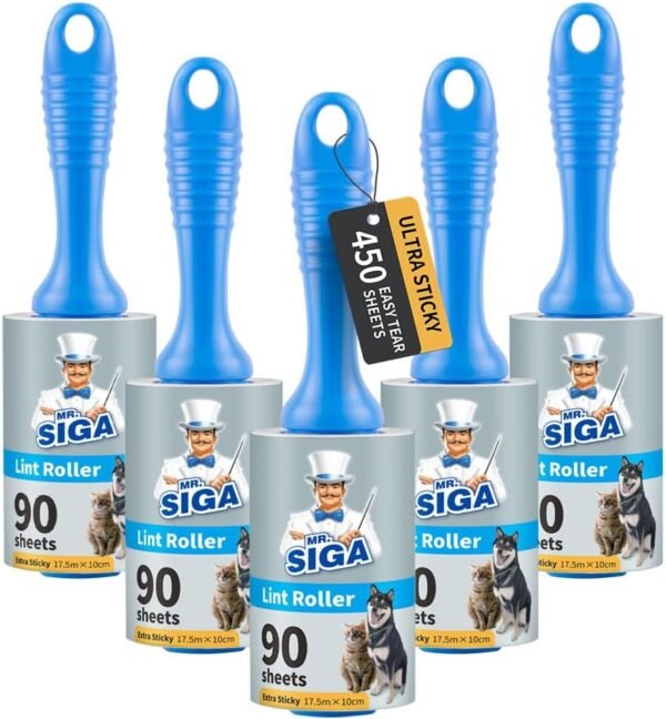 MR.SIGA Rouleau Poils Animaux Extra Collant, Rouleau Adhesif Vêtement, Brosse Adhesive pour Poils Cheveux, 450 Feuilles Faciles à Déchirer, Lot de 5