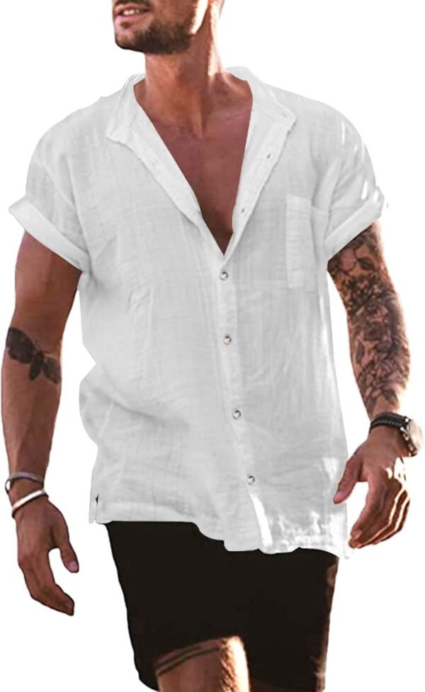 YAOBAOLE Chemise Lin Homme Manche Courte Boutons Col Mao Casual Chemise Été Leger Plage Classique Traditionnelle Unicolore