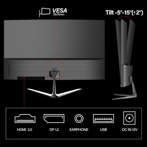CURA Écran Incurvé Gaming Moniteur PC 24 Pouces 180hz, FHD 1080p 1ms sans Lunette, Freesync, 100% sRGB，178 ° Angle Vue HDMI DisplayPort, Compatible avec Mural VESA – Image 2