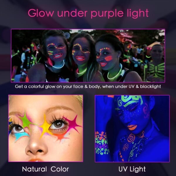 HISUNBEN Peinture Fluorescents UV Comprend 70 Modèles,Maquillage Enfant 12 Crayons De Peinture UV Néon Pour Le Visage Et Le Corps, Lavables Non Toxiques,Enfants et Adultes pour Halloween,Carnaval,Noël – Image 5