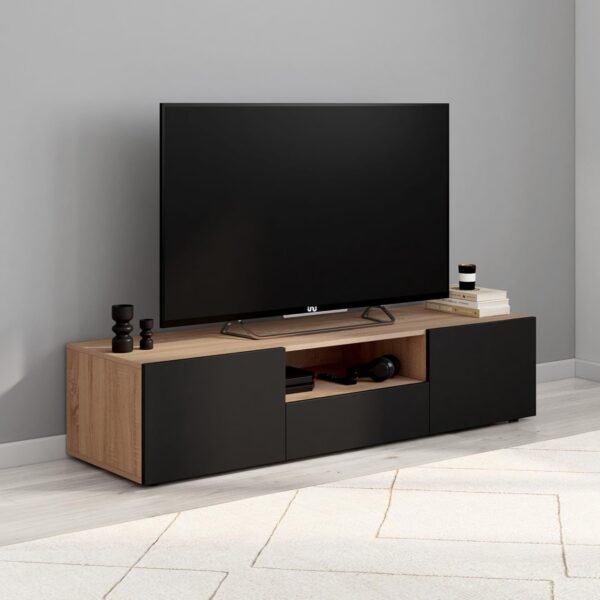 IDMarket - Meuble TV 140 cm ELI Bois façon hêtre Portes Noires – Image 2