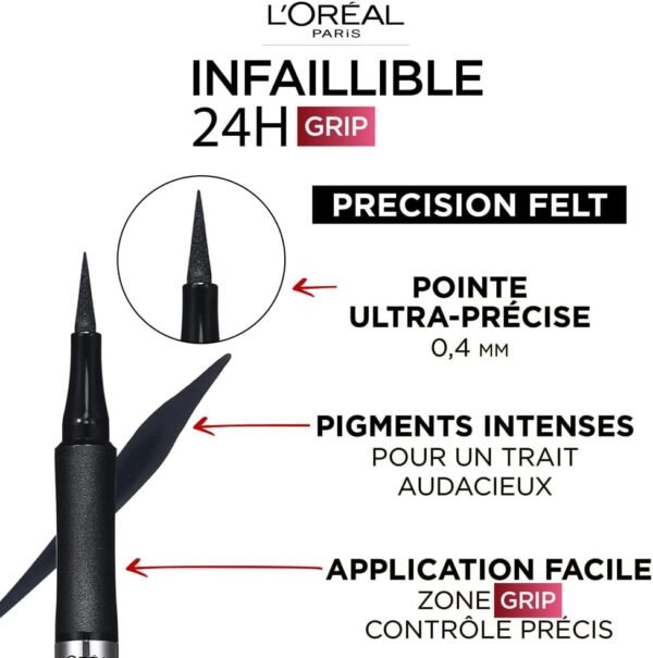 L'Oréal Paris - Eyeliner Feutre Précision - Pointe Ultra Fine - Résistant à l'Eau & Sans Transfert - Infaillible Grip Precision Felt Liner - Teinte : Noir - 6,3 g – Image 2