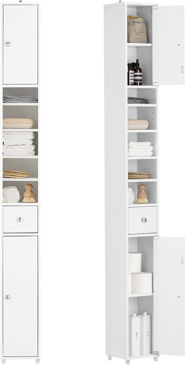 SoBuy Meuble Colonne Salle de Bain Étroite Anti-Humidité, Meuble de Rangement Vertical avec 4 Étagères Réglables + 1 Tiroir, Multifonction pour Salon,Chambre,Bureau, Blanc, 20x20x180cm, BZR34-W