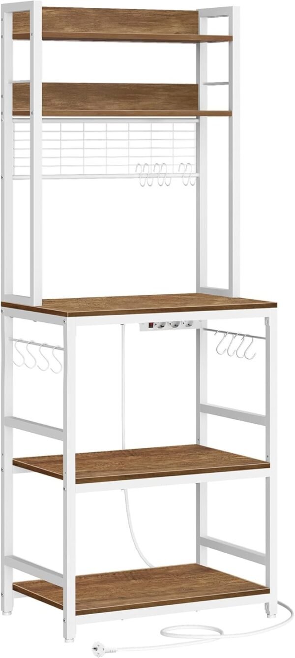 VASAGLE Étagère de Cuisine avec Multiprise, Support pour Micro-Ondes, Étagère de Rangement, avec Panneau Grillagé, 14 Crochets, 40 x 60 x 170 cm, Noisette Clair et Blanc KKS037W41EU