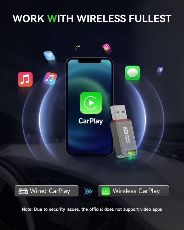 Spedal Mini Adaptateur CarPlay & Android Auto sans Fil pour iPhone, Bluetooth 3.0, Wi-FI 5,8GHz, iOS 10+/Android 10+, Reconnexion Automatique (Gris) – Image 6