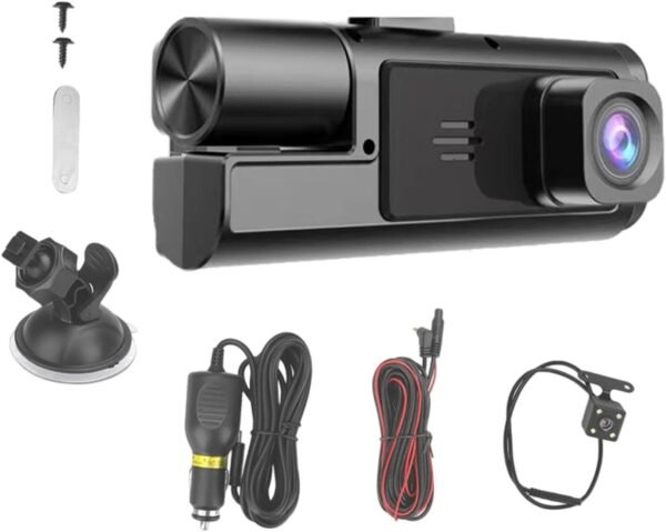 Caméra de Tableau de Bord | Caméra Embarquée Double Vue Pour Véhicule | Système Vidéo Intelligent 1080P 3 Canaux avec Objectif et Accessoires pour Moniteur Auto Camion et Voiture, Utilisation en Condu
