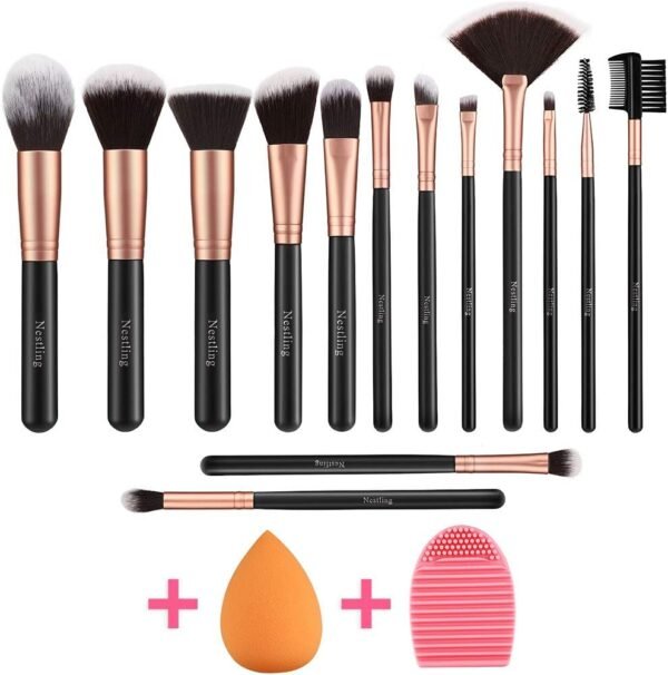 14 PCS Set Pinceaux Maquillage Rose Doré avec Eponge Maquillage et Brosse De Nettoyage Synthétiques Haut De Gamme pour fond De Teint Mélange Poudre Le Visage Ombres à Paupières – Image 2