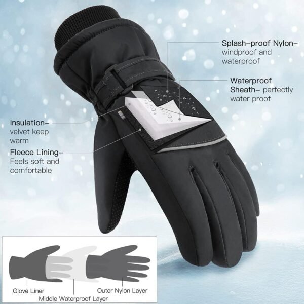 OOPOR Gants de Ski d'hiver Chauds et imperméables - Antidérapants - Gants Thermiques pour l'hiver - Gants de Ski épais - Gants de Sport d'extérieur - Coupe-Vent - pour vélo et garçon - 6 à 12 Ans – Image 2