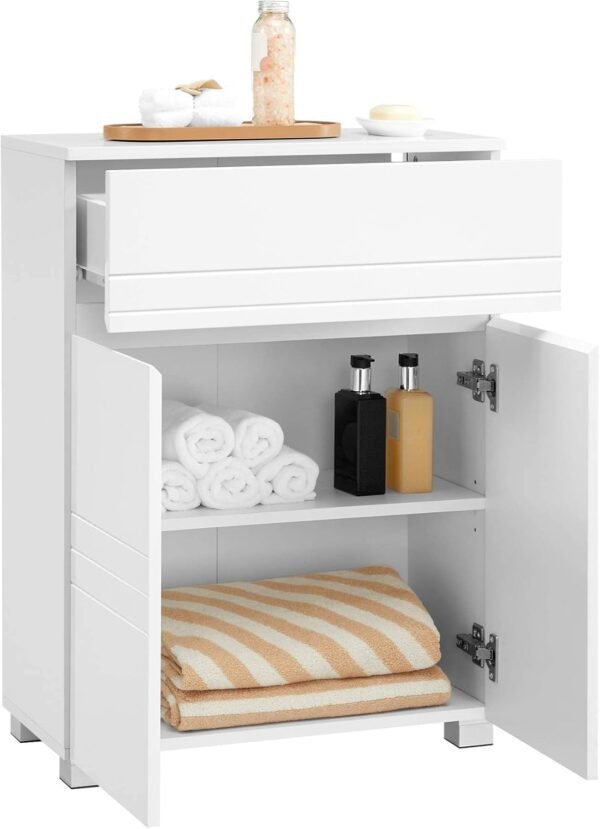 VASAGLE Meuble de Salle de Bain sur Pied, Meuble de Rangement avec tiroir, Armoire à Double Porte, étagère réglable, pour entrée, Couloir, 60 x 30 x 80 cm, Blanc BBK140W01 – Image 8